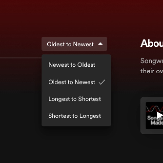 Sort menu in Spotify